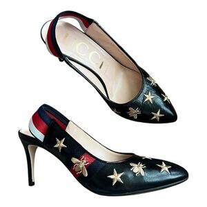 Gucci Heels Sylvie Web Bee Accent Leather Slip On Slingback Round Toe Pumps Shoe